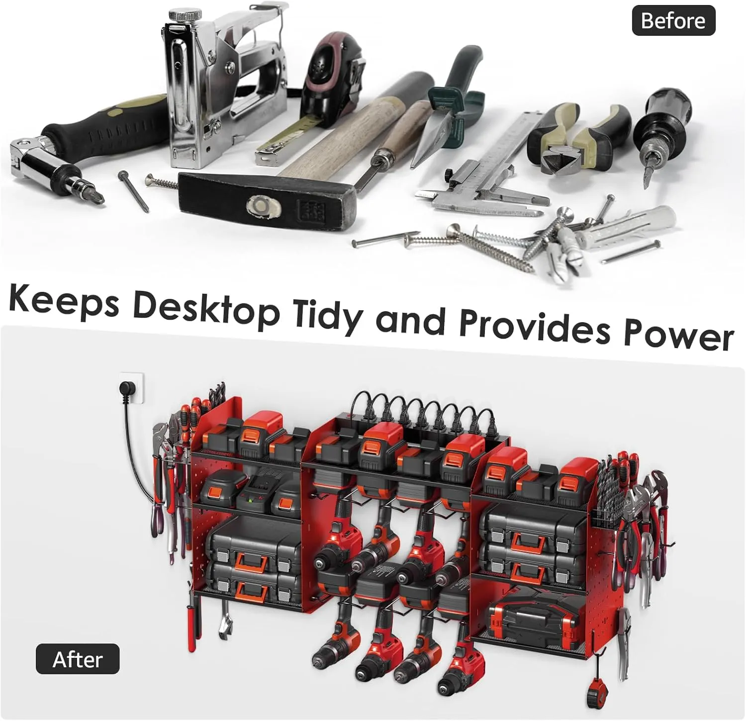 CCCEI Red Large Tools Organizer Wall Mount Charging Station, 39 Inch Long Power Tool Battery Storage Rack with 6FT Power Strip. 8 Drill Holder, Garage Utility Shelves. Pegboard Hanging Extension.