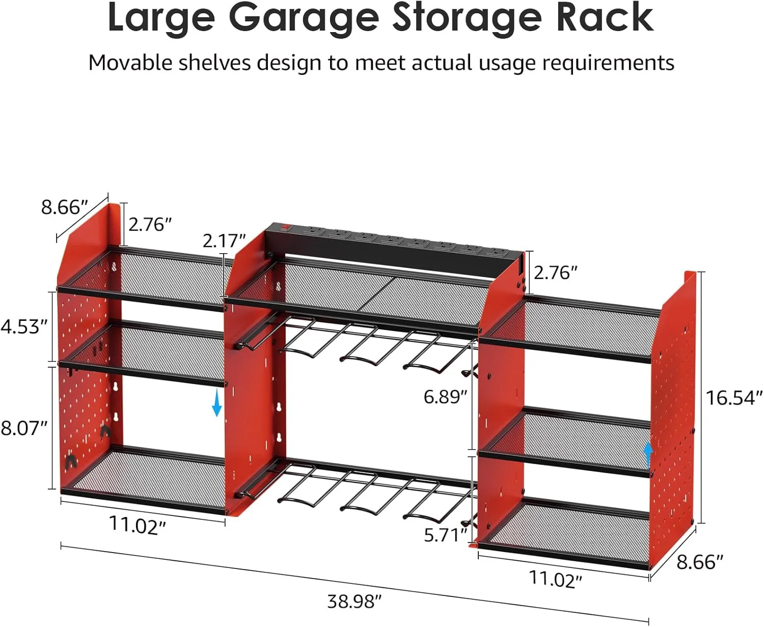 CCCEI Red Large Tools Organizer Wall Mount Charging Station, 39 Inch Long Power Tool Battery Storage Rack with 6FT Power Strip. 8 Drill Holder, Garage Utility Shelves. Pegboard Hanging Extension.