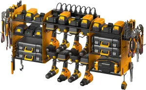 CCCEI Yellow Large Tools Organizer Wall Mount Charging Station, 39 Inch Long Power Tool Battery Storage Rack with 10FT Power Strip. 8 Drill Holder, Garage Utility Shelves. Pegboard Hanging Extension.