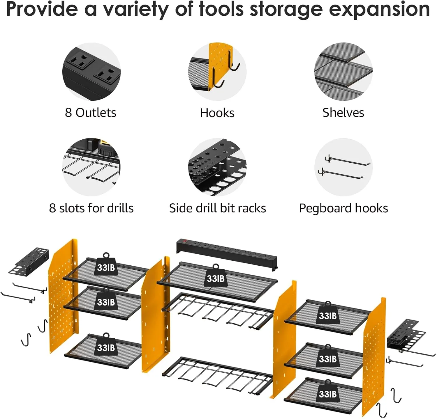 CCCEI Yellow Large Tools Organizer Wall Mount Charging Station, 39 Inch Long Power Tool Battery Storage Rack with 10FT Power Strip. 8 Drill Holder, Garage Utility Shelves. Pegboard Hanging Extension.