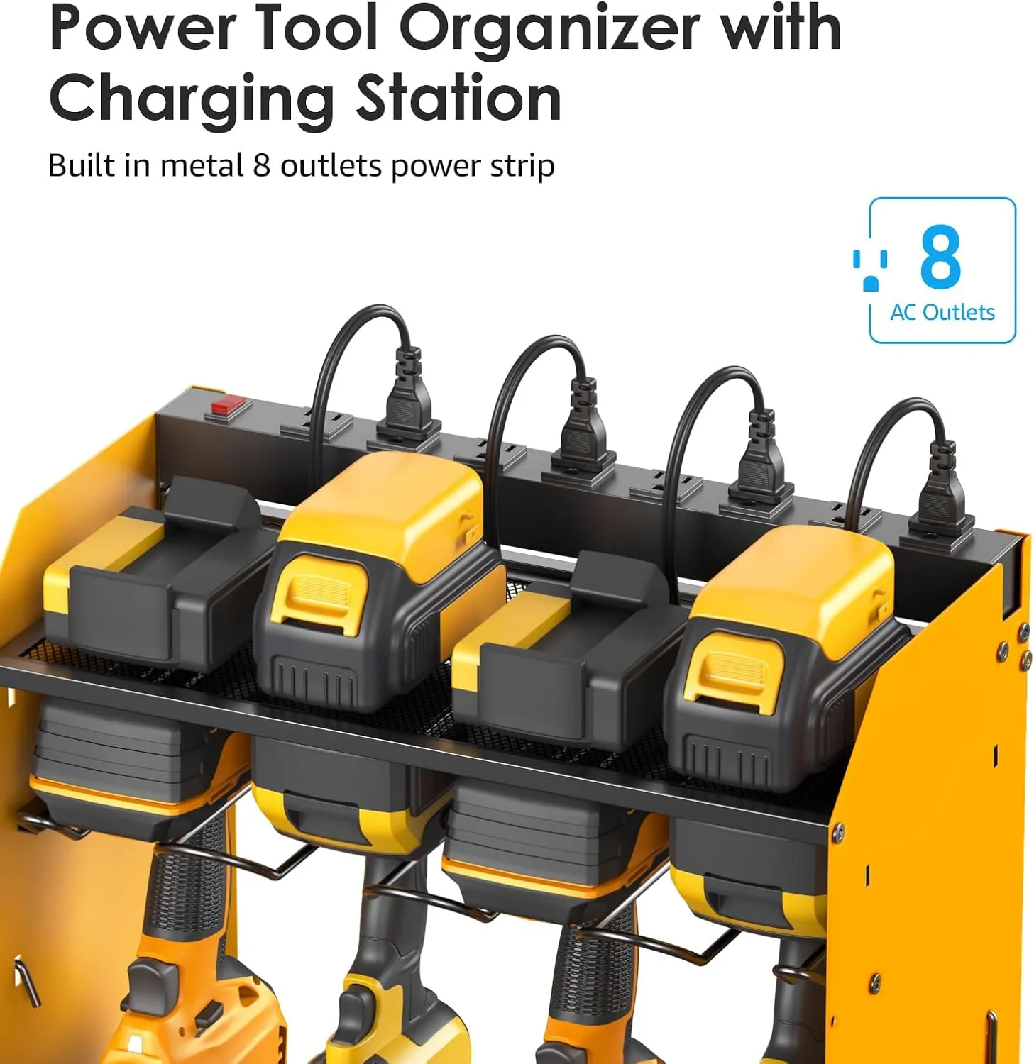 CCCEI Yellow Large Tools Organizer Wall Mount Charging Station, 39 Inch Long Power Tool Battery Storage Rack with 10FT Power Strip. 8 Drill Holder, Garage Utility Shelves. Pegboard Hanging Extension.
