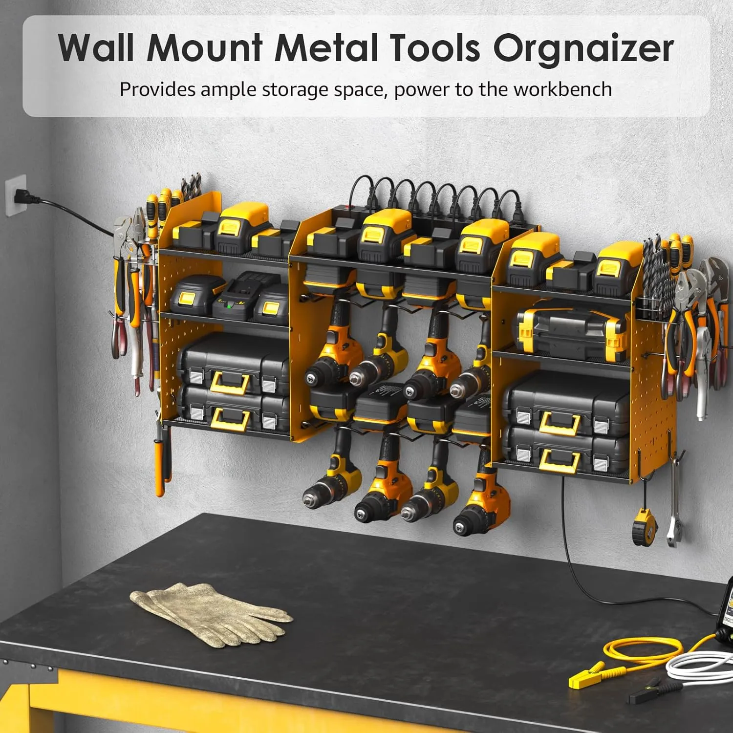 CCCEI Yellow Large Tools Organizer Wall Mount Charging Station, 39 Inch Long Power Tool Battery Storage Rack with 10FT Power Strip. 8 Drill Holder, Garage Utility Shelves. Pegboard Hanging Extension.