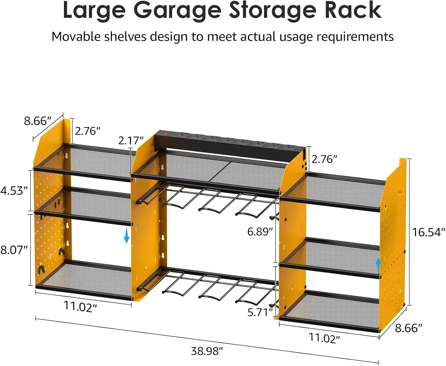 CCCEI Yellow Large Tools Organizer Wall Mount Charging Station, 39 Inch Long Power Tool Battery Storage Rack with 10FT Power Strip. 8 Drill Holder, Garage Utility Shelves. Pegboard Hanging Extension.
