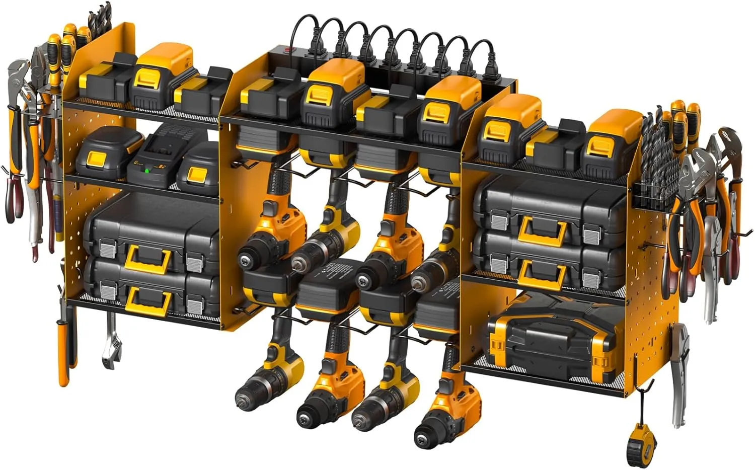 CCCEI Yellow Large Tools Organizer Wall Mount Charging Station, 39 Inch Long Power Tool Battery Storage Rack with 10FT Power Strip. 8 Drill Holder, Garage Utility Shelves. Pegboard Hanging Extension.