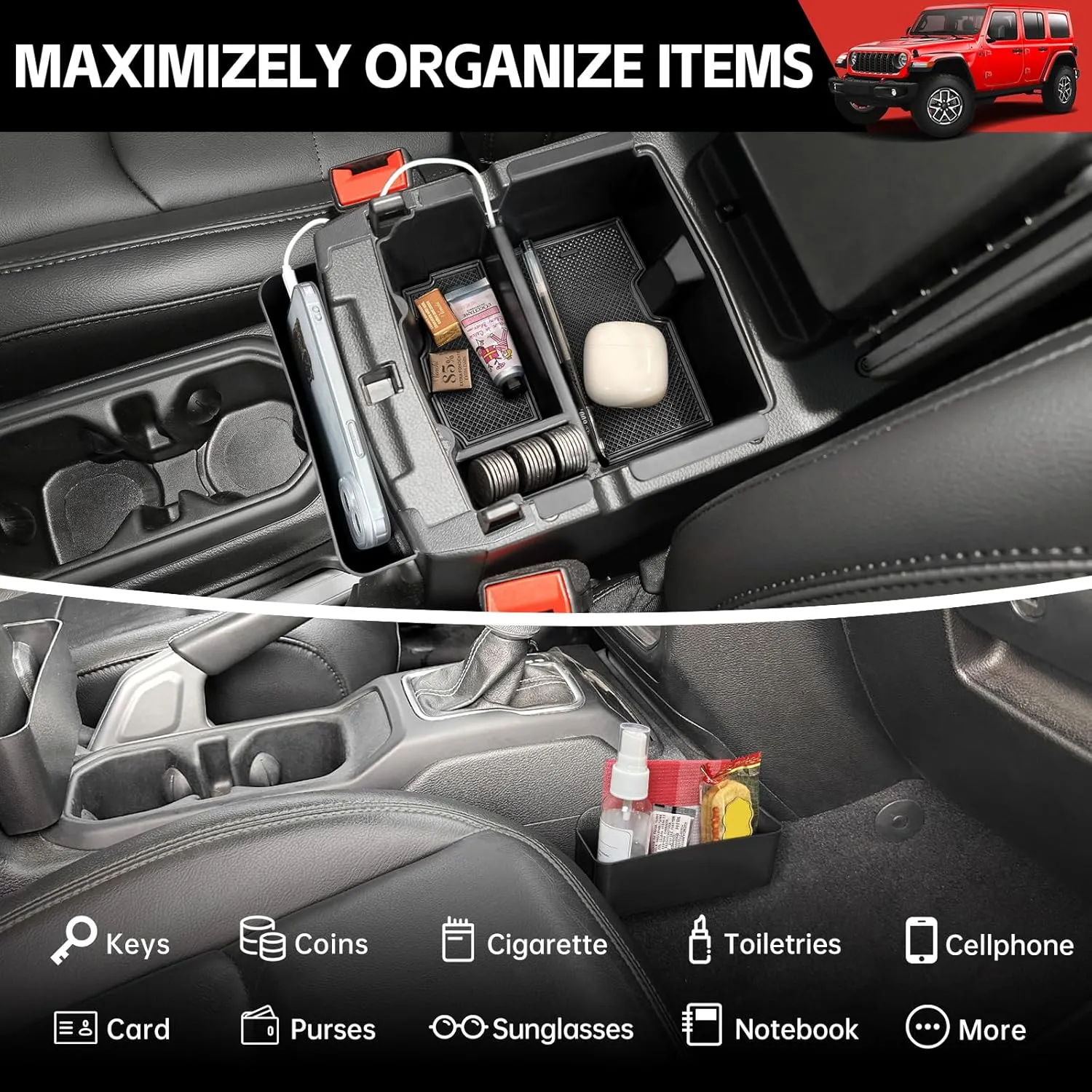 Center Console Organizer for 2024 2025 Jeep Wrangler JL JLU 4XE/Gladiator JT Gear Shift Console Side Tray GrabTray Passenger Hanging Armrest Storage Box for Wrangler&Gladiator(24  4-piece)