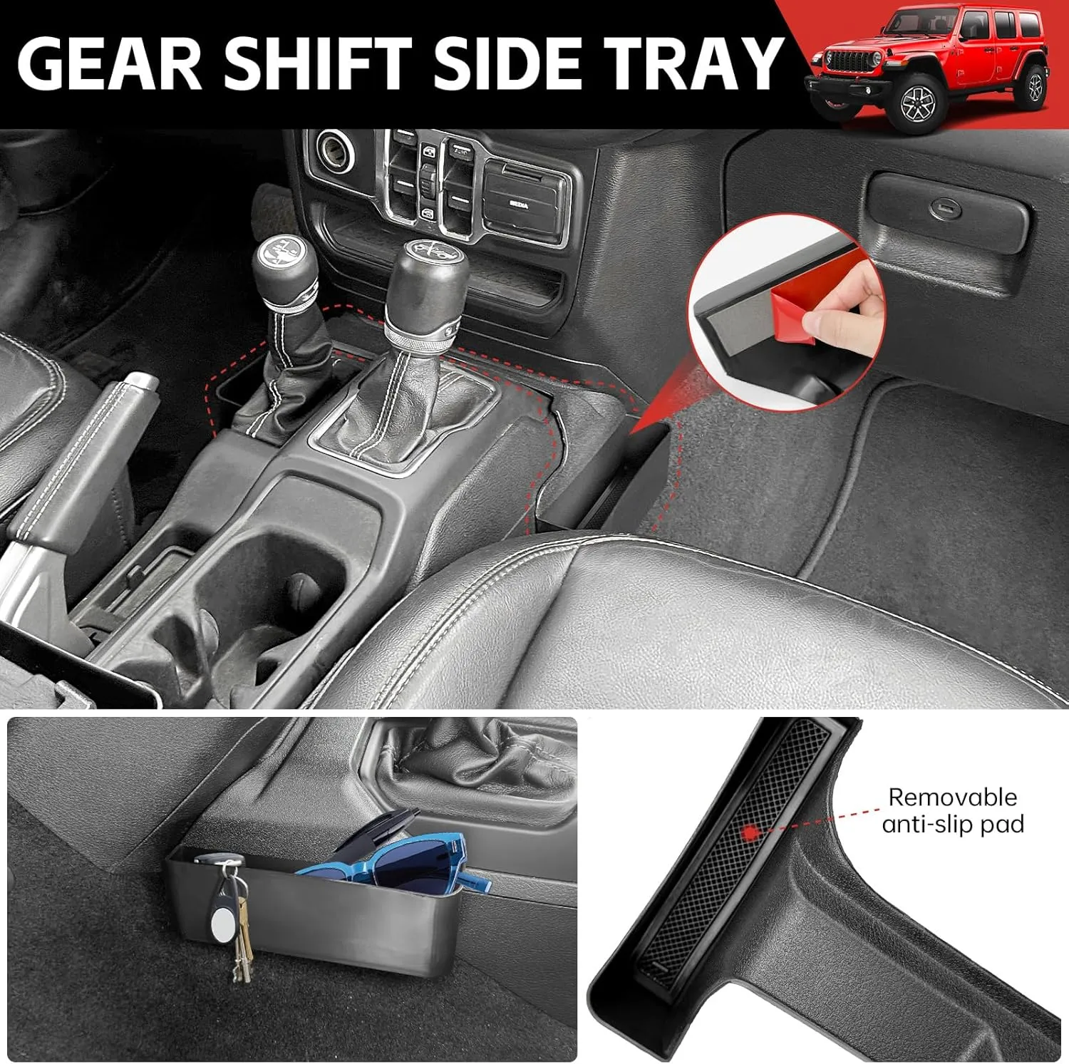 Center Console Organizer for 2024 2025 Jeep Wrangler JL JLU 4XE/Gladiator JT Gear Shift Console Side Tray GrabTray Passenger Hanging Armrest Storage Box for Wrangler&Gladiator(24  4-piece)