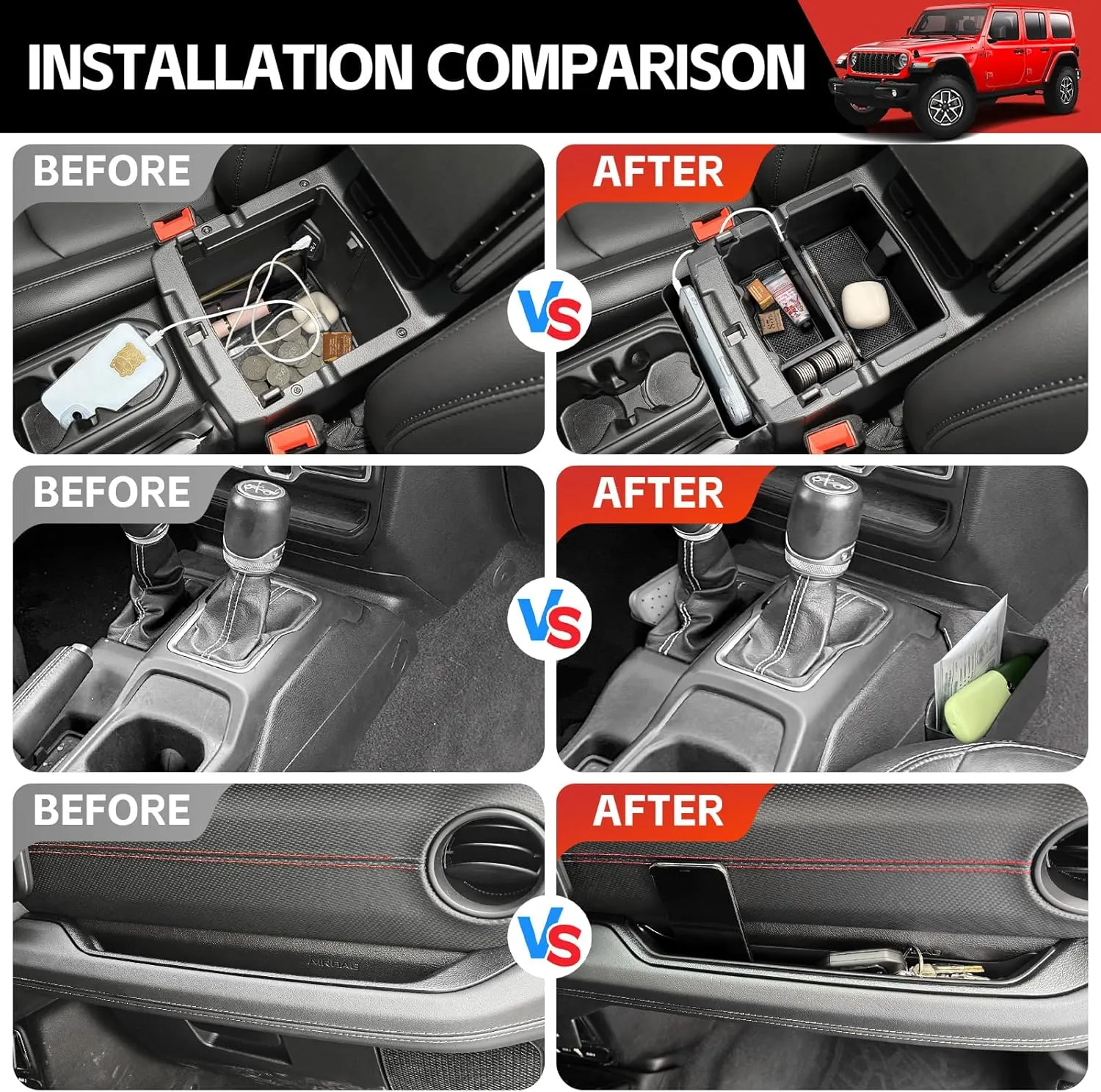 Center Console Organizer for 2024 2025 Jeep Wrangler JL JLU 4XE/Gladiator JT Gear Shift Console Side Tray GrabTray Passenger Hanging Armrest Storage Box for Wrangler&Gladiator(24  4-piece)