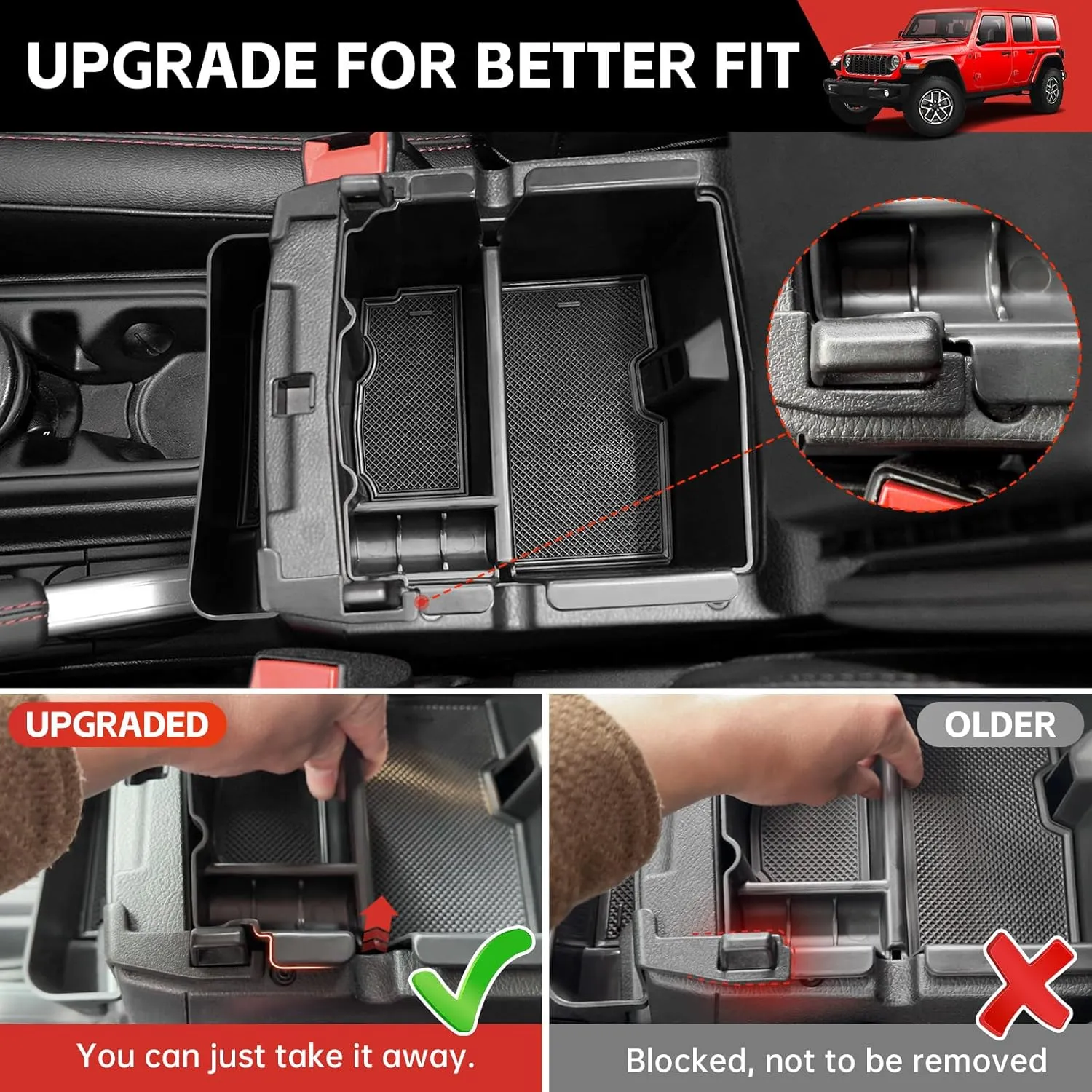 Center Console Organizer for 2024 2025 Jeep Wrangler JL JLU 4XE/Gladiator JT Gear Shift Console Side Tray GrabTray Passenger Hanging Armrest Storage Box for Wrangler&Gladiator(24  4-piece)