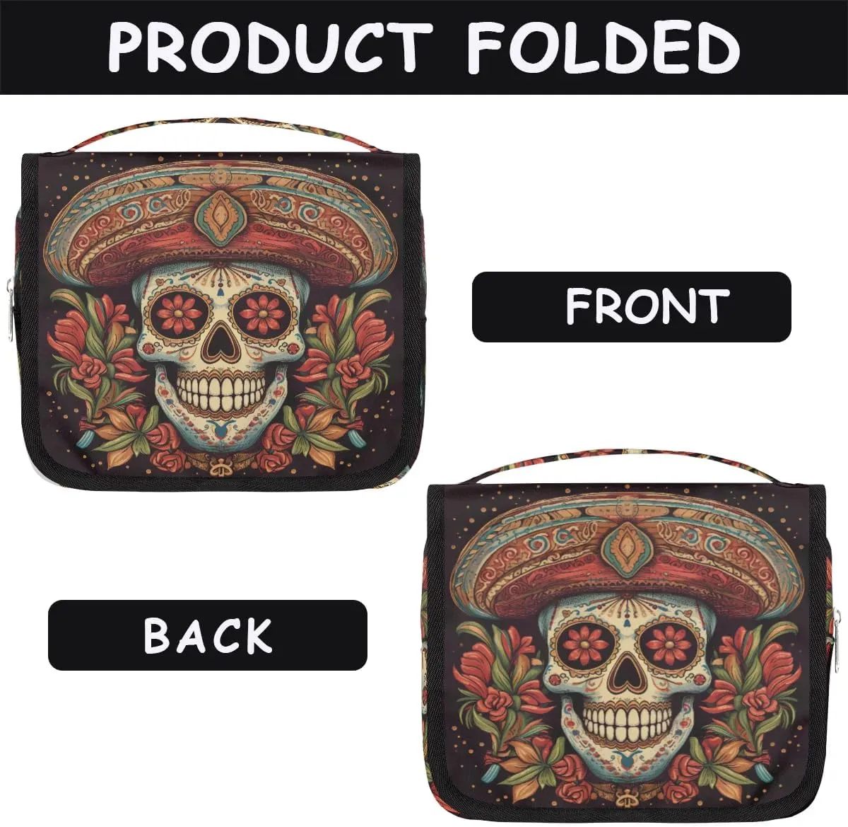 cfpolar Halloween Skeleton Rose Travel Toiletry Bag with Hanging Hook, Waterproof Toiletries Travel Bag for Women Girls, Portable Make Up Bag Organizer, Hanging Case Cosmetics Bag for Bathroom