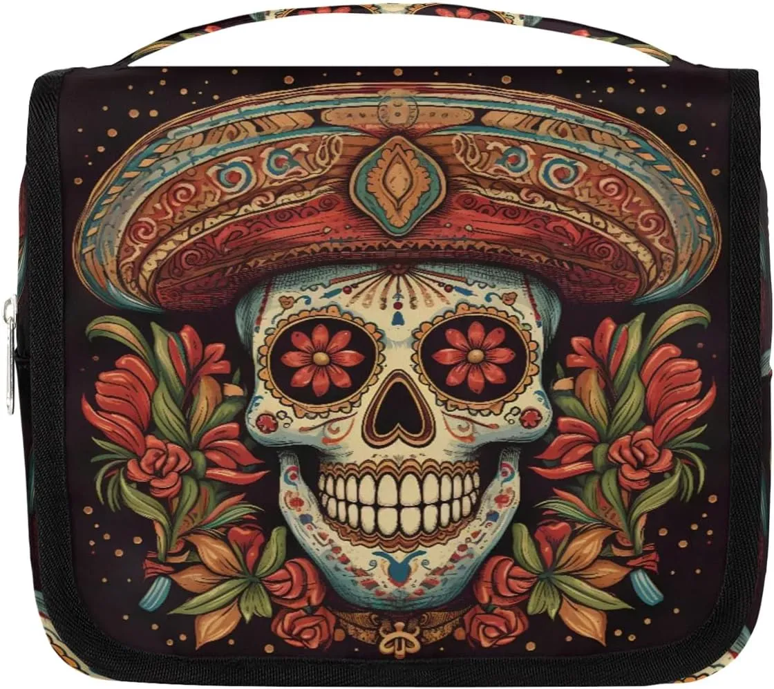 cfpolar Halloween Skeleton Rose Travel Toiletry Bag with Hanging Hook, Waterproof Toiletries Travel Bag for Women Girls, Portable Make Up Bag Organizer, Hanging Case Cosmetics Bag for Bathroom
