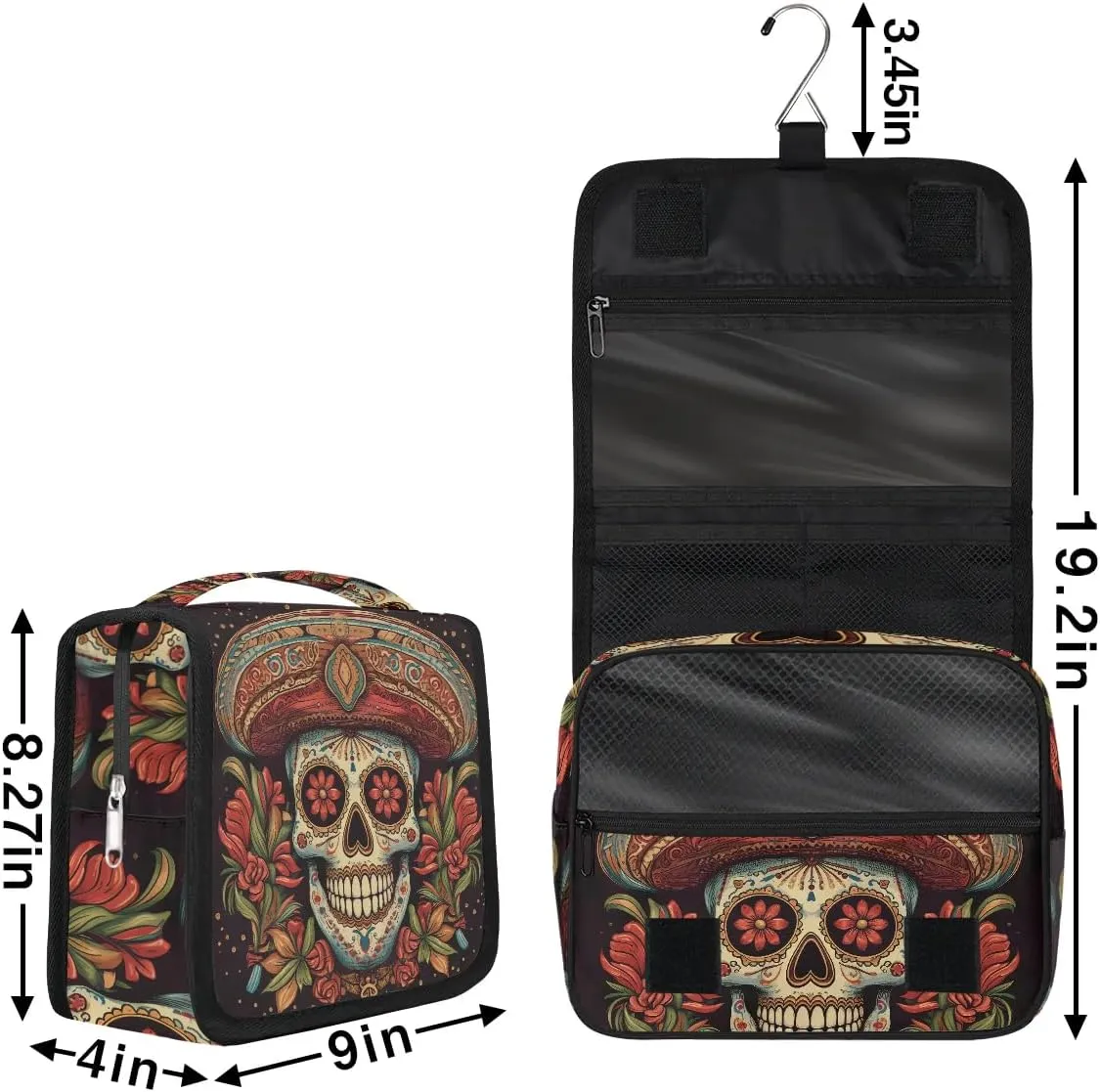 cfpolar Halloween Skeleton Rose Travel Toiletry Bag with Hanging Hook, Waterproof Toiletries Travel Bag for Women Girls, Portable Make Up Bag Organizer, Hanging Case Cosmetics Bag for Bathroom