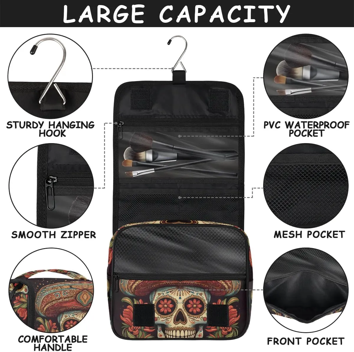 cfpolar Halloween Skeleton Rose Travel Toiletry Bag with Hanging Hook, Waterproof Toiletries Travel Bag for Women Girls, Portable Make Up Bag Organizer, Hanging Case Cosmetics Bag for Bathroom