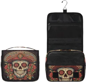 cfpolar Halloween Skeleton Rose Travel Toiletry Bag with Hanging Hook, Waterproof Toiletries Travel Bag for Women Girls, Portable Make Up Bag Organizer, Hanging Case Cosmetics Bag for Bathroom
