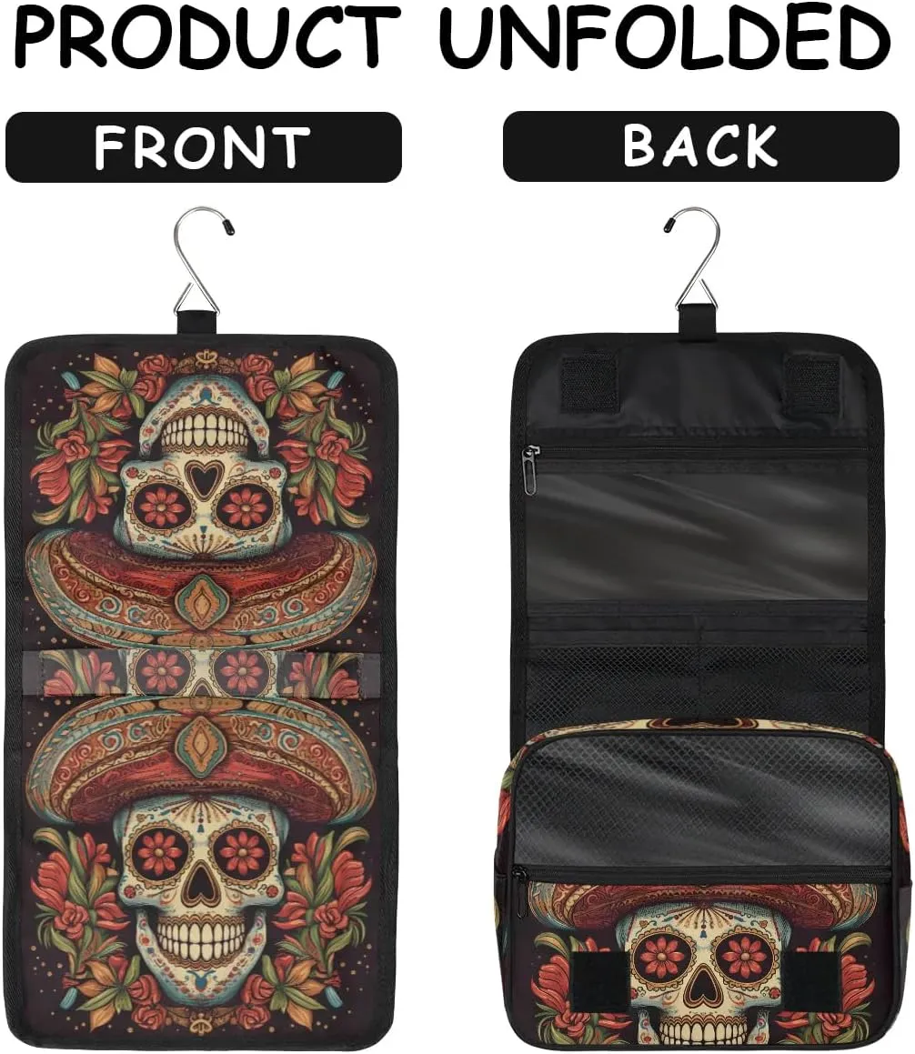 cfpolar Halloween Skeleton Rose Travel Toiletry Bag with Hanging Hook, Waterproof Toiletries Travel Bag for Women Girls, Portable Make Up Bag Organizer, Hanging Case Cosmetics Bag for Bathroom