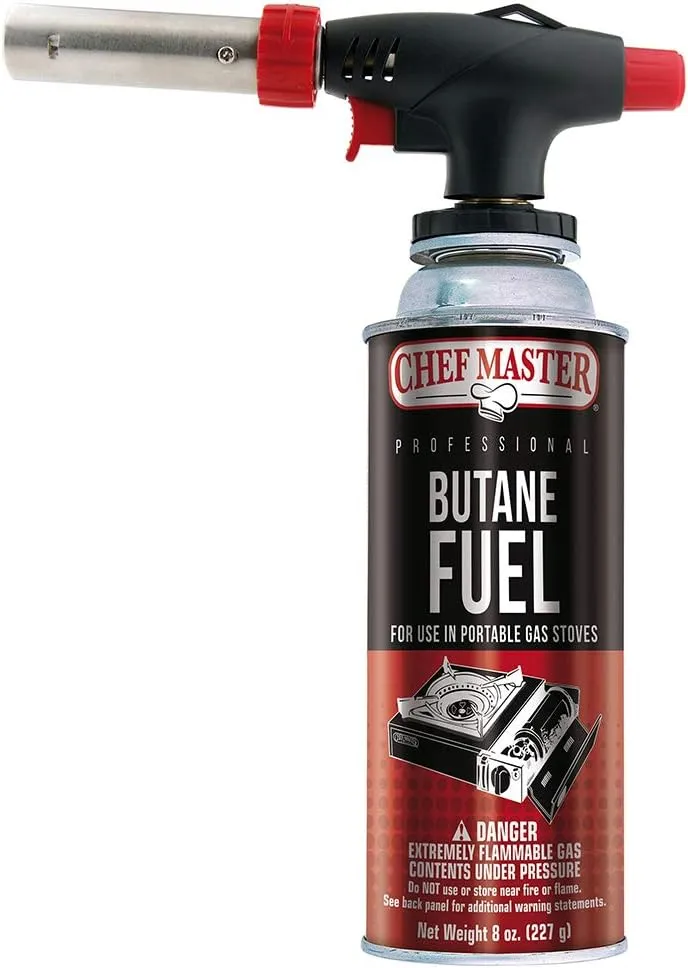 Chef Master Butane Torch Lighter, Refillable Kitchen Torch, Cooking Torch, Adjustable Flame for Creme Brulee, Desserts, BBQ, Crafts, Soldering, Indoor & Outdoor Use - Butane Not Included Model 90022