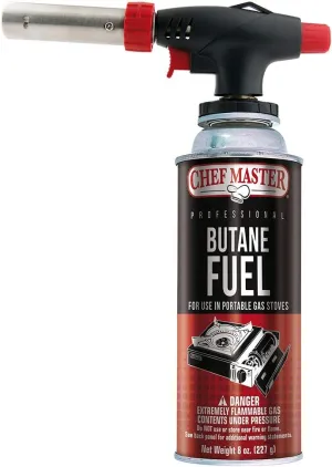 Chef Master Butane Torch Lighter, Refillable Kitchen Torch, Cooking Torch, Adjustable Flame for Creme Brulee, Desserts, BBQ, Crafts, Soldering, Indoor & Outdoor Use - Butane Not Included Model 90022