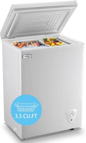 Chest Freezer 3.5 Cu.Ft Small Deep Freezer Top Door Mini Freezer with Removable Basket, Low Noise, 7 Adjustable Temperature and Energy Saving Perfect for Home Garage Basement Dorm or Apartment White