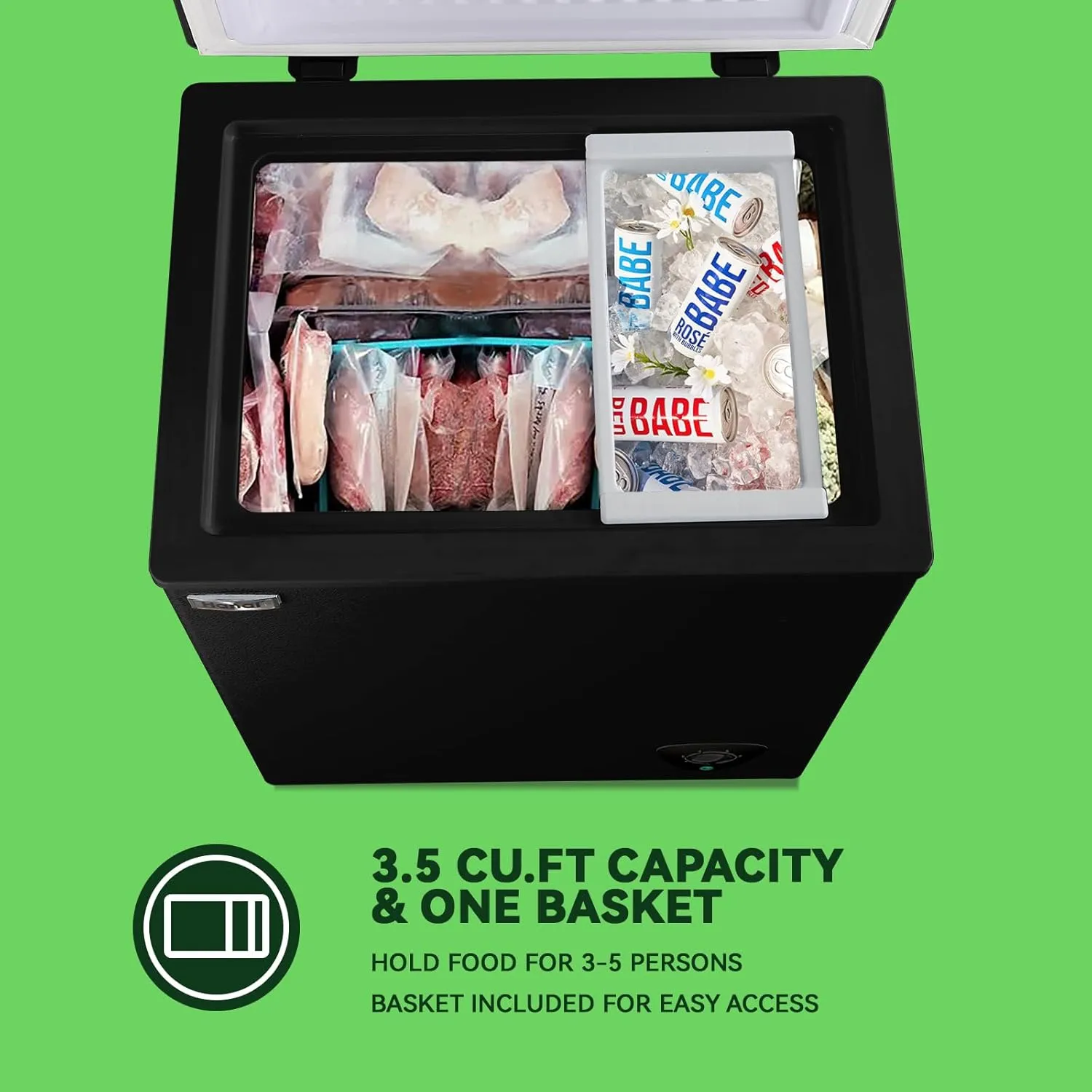 Chest Freezer Small Deep Freezer Black 3.5 Cu.Ft Free-Standing Top Door Freezer Adjustable 7 Thermostat and Removable Basket Open Garage Basement Apartment Kitchen Business