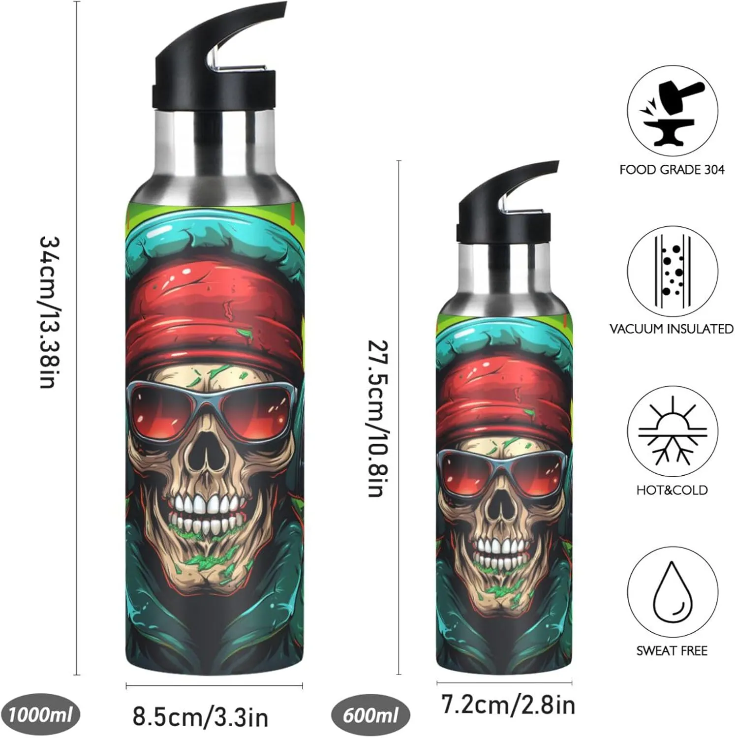 Christmas Cool Music Dj Sport Water Bottle Insulated Stainless Steel Large Vacuum Flask Leak Proof Thermos with Straw for Travel(600ml/1000ml)