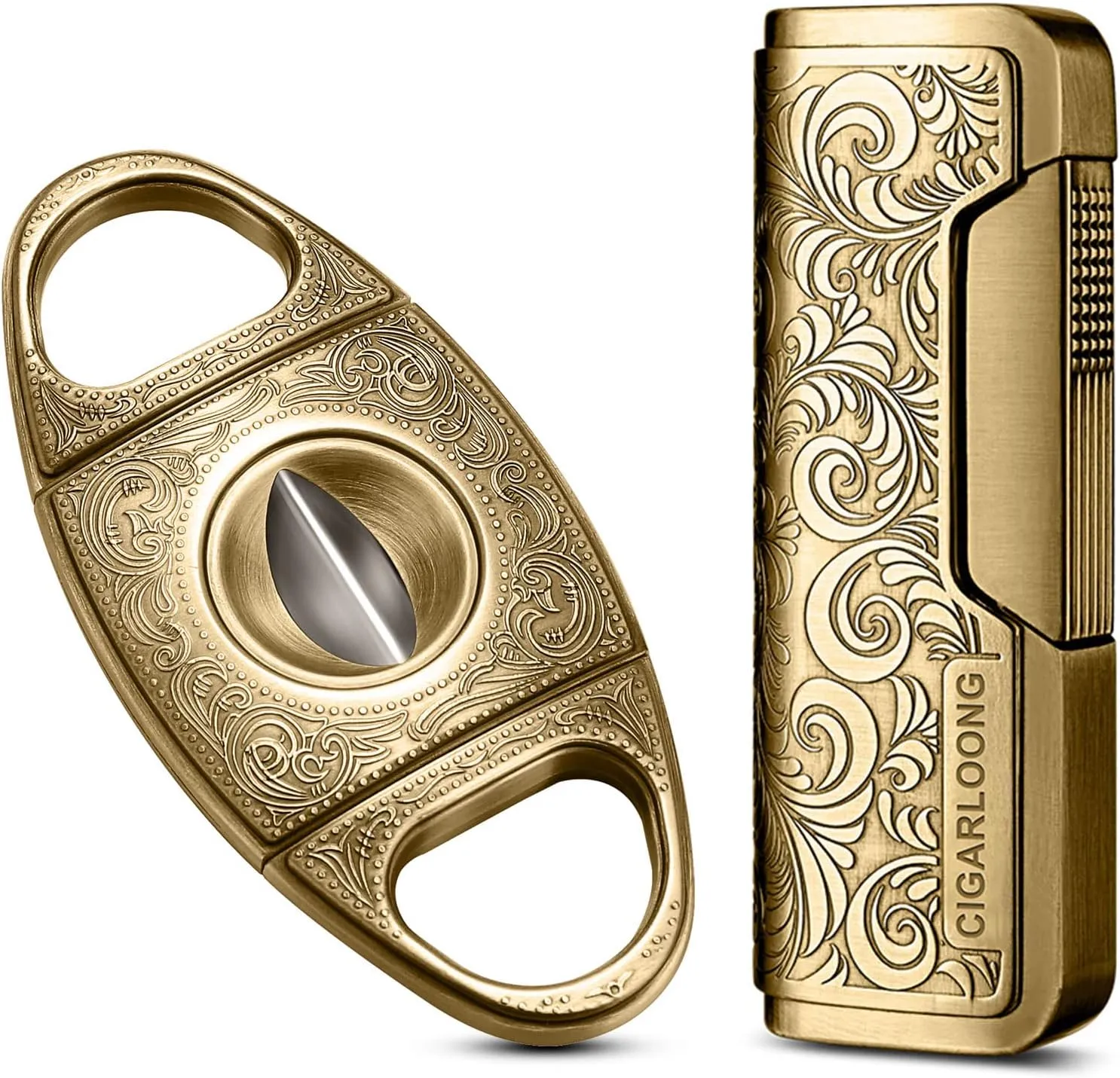 CIGARLOONG Cigar Cutter and Lighter Set Sharpening Blade V Cut and Retro Carved Lighter(Gold1)