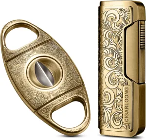CIGARLOONG Cigar Cutter and Lighter Set Sharpening Blade V Cut and Retro Carved Lighter(Gold1)