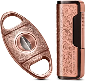CIGARLOONG Cigar Cutter and Lighter Set Sharpening Blade V Cut and Retro Carved Lighter(Rose Gold)