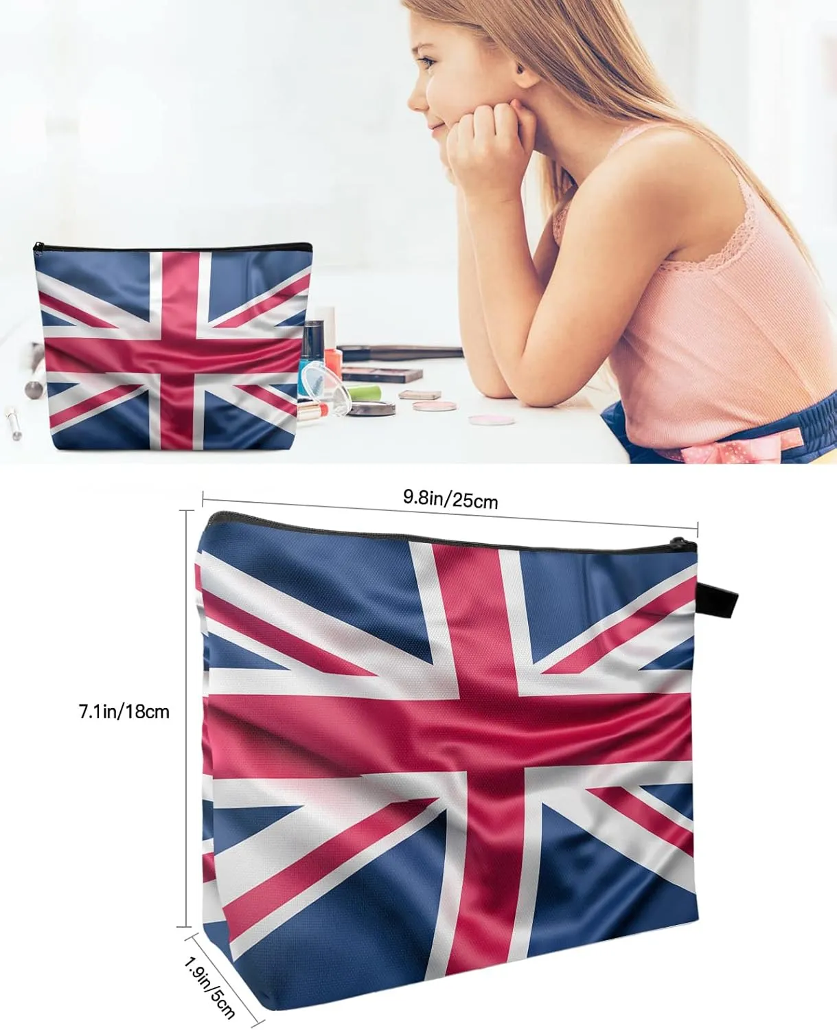 Classic British Flag Red Stripes Cosmetic Bags for Women, Blue Red White Line Small Makeup Bag for Purse, Waterproof Travel Toiletry Bag Accessories Organizer, 1PCS