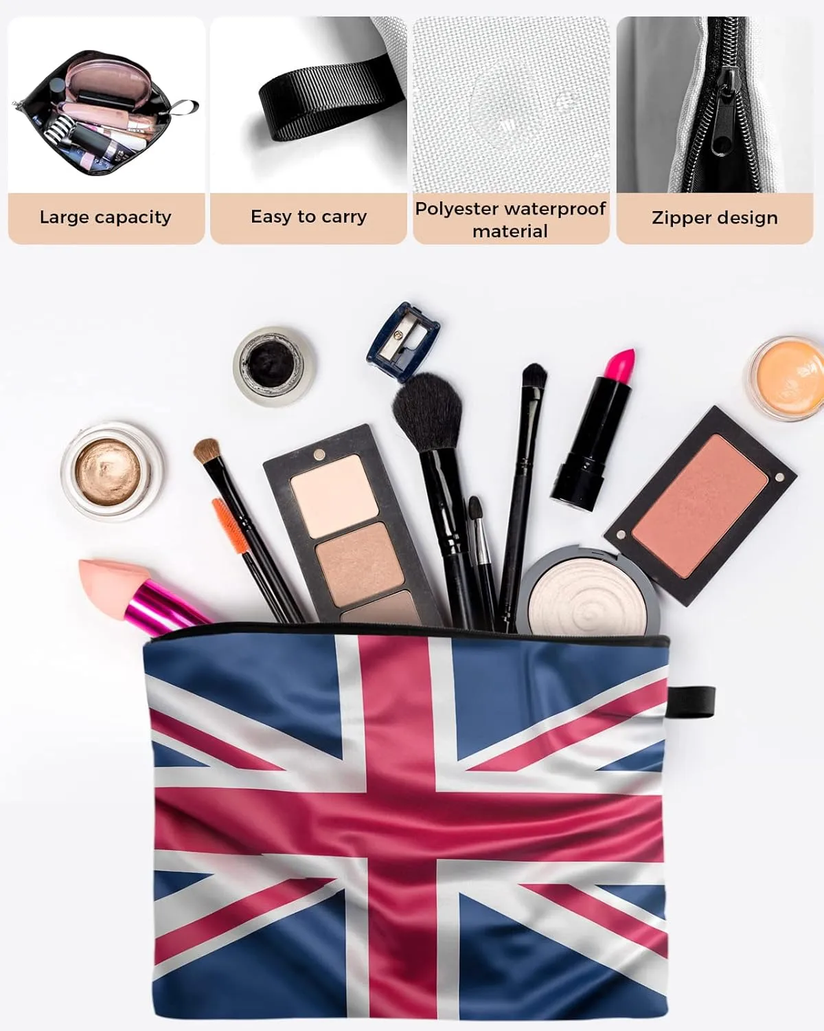 Classic British Flag Red Stripes Cosmetic Bags for Women, Blue Red White Line Small Makeup Bag for Purse, Waterproof Travel Toiletry Bag Accessories Organizer, 1PCS