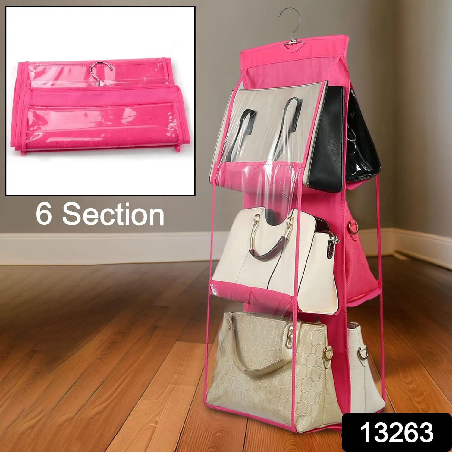 Clear 6-Pocket Hanging Handbag Organizer – Space-Saving Purse & Shelf Storage (1 Pc)