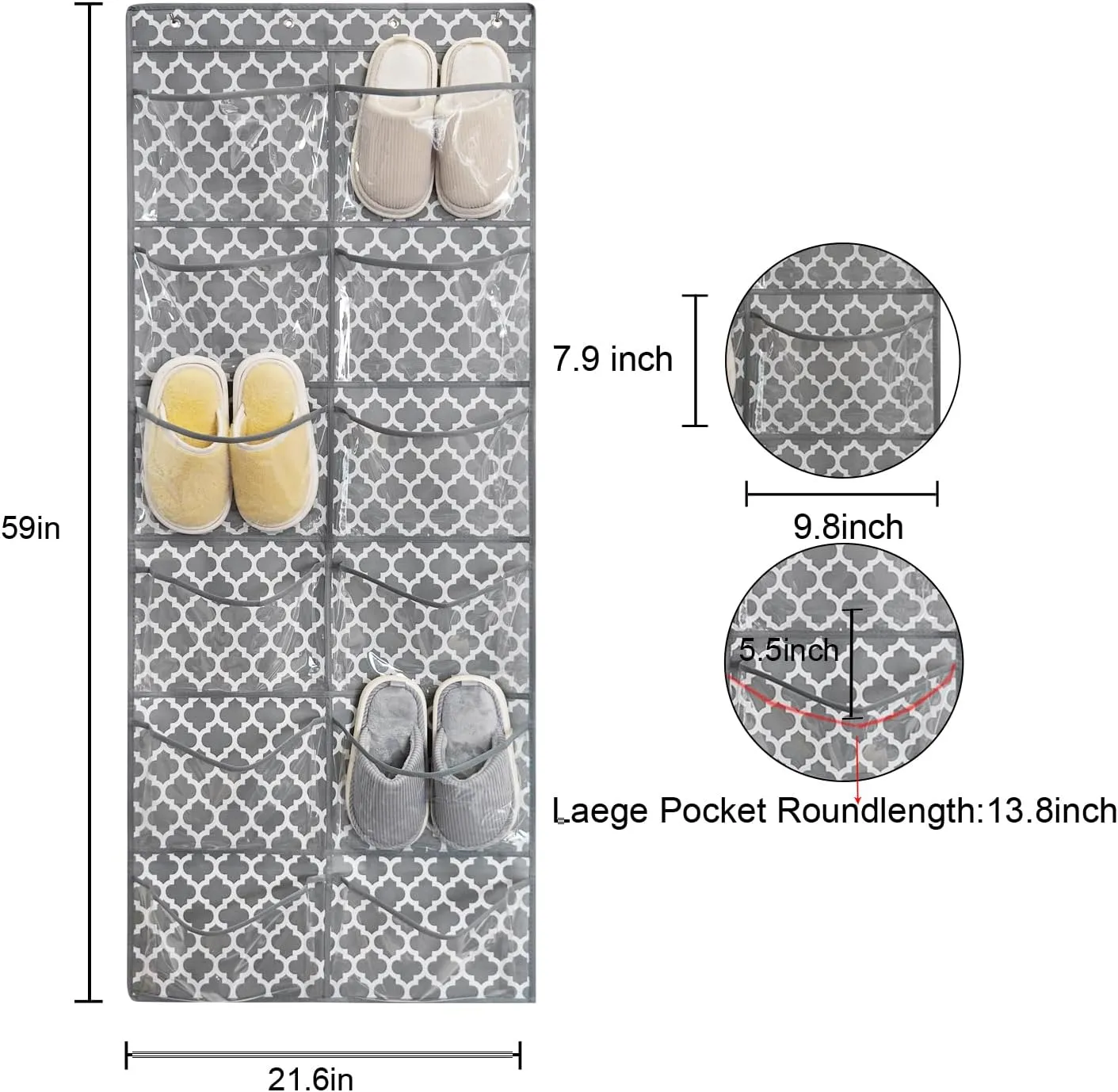 Clear Crystal 2 Pack 12Pockets Large Hanging Shoe Organizer Over The Door Shoe Rack for Closet Door Storage Shoe Holder Hanger, 8Hooks, White (59'' x 21.6'')