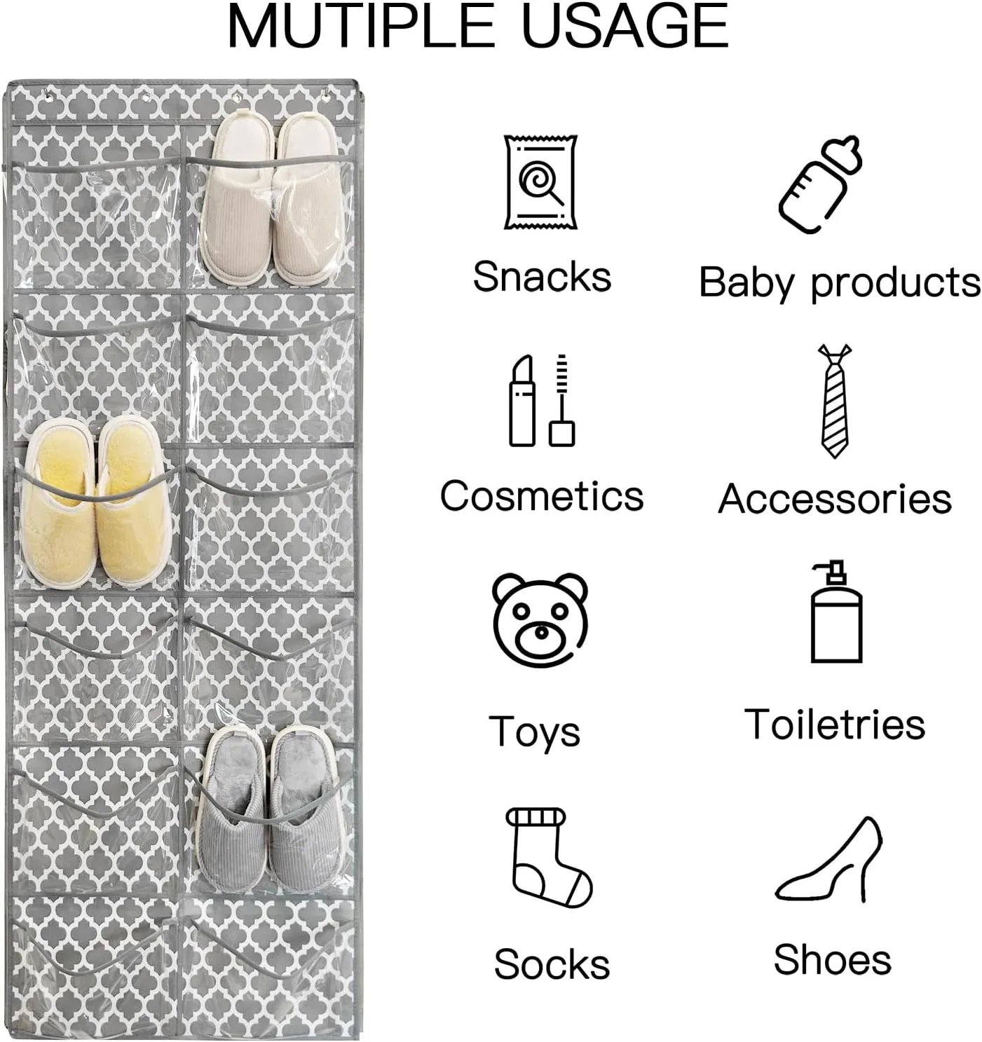 Clear Crystal 2 Pack 12Pockets Large Hanging Shoe Organizer Over The Door Shoe Rack for Closet Door Storage Shoe Holder Hanger, 8Hooks, White (59'' x 21.6'')