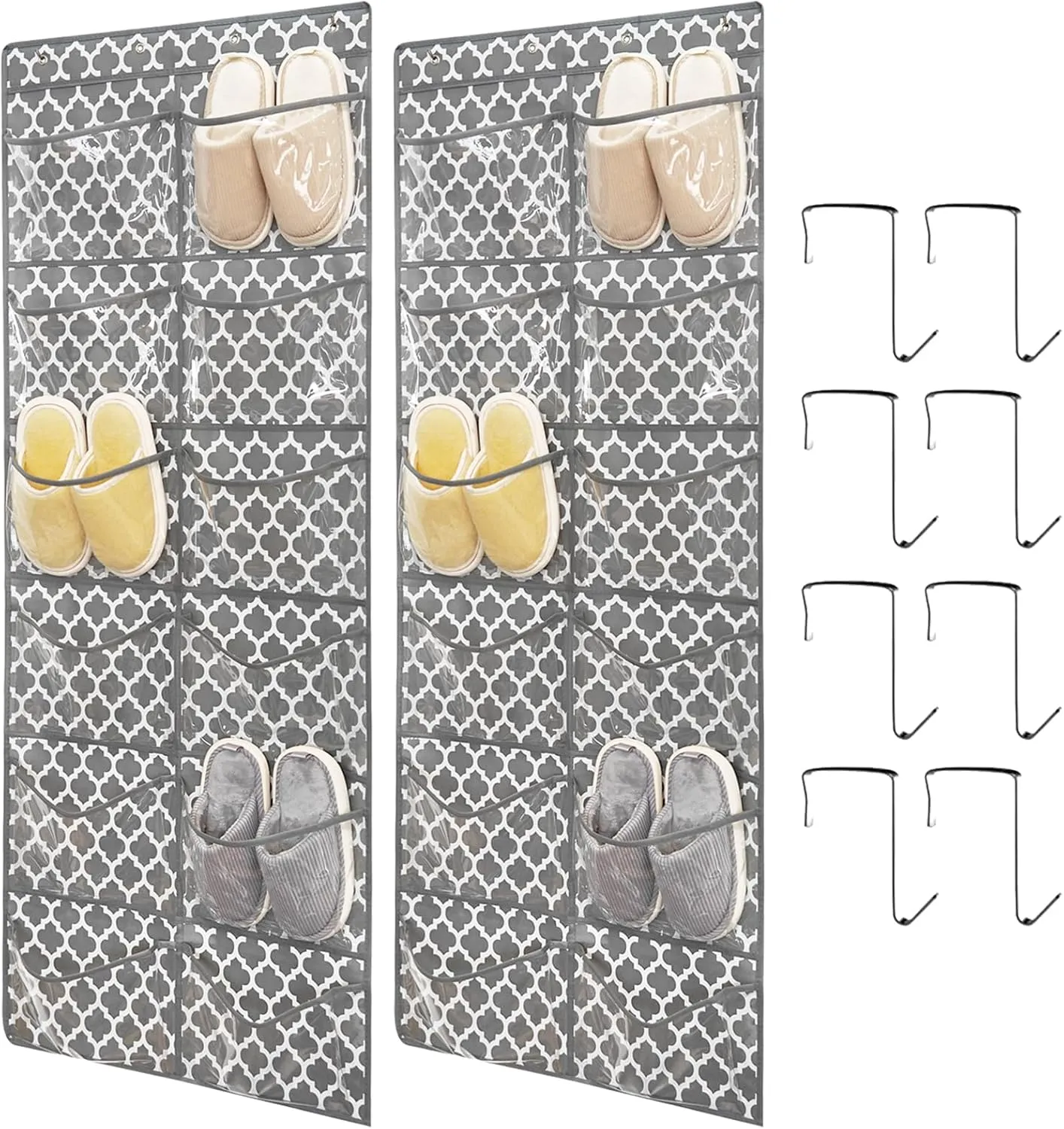 Clear Crystal 2 Pack 12Pockets Large Hanging Shoe Organizer Over The Door Shoe Rack for Closet Door Storage Shoe Holder Hanger, 8Hooks, White (59'' x 21.6'')