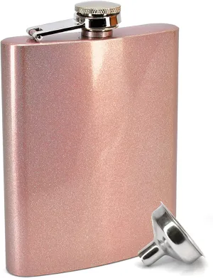 Clear Water Home Goods - 8 oz Rose Gold Holographic Glitter Sparkle Stainless Steel Hip Flask w/Funnel - Wedding Party - Groomsman - Bridesmaid
