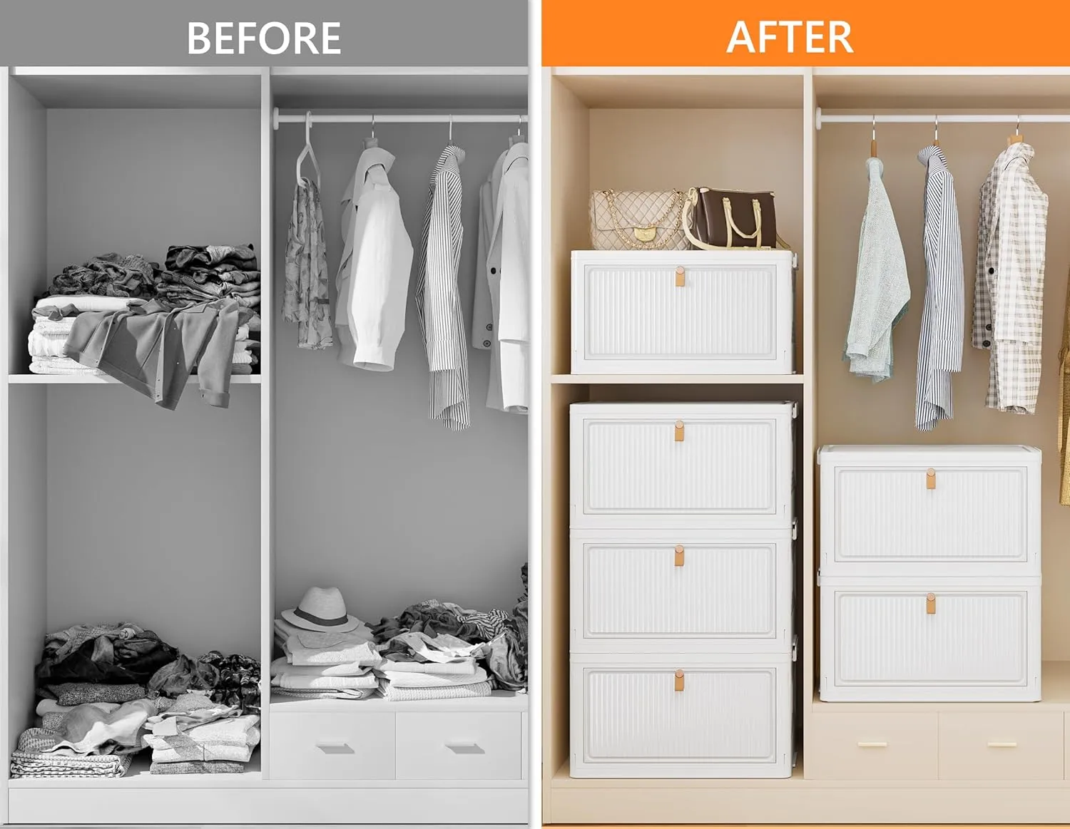 Closet Organizers and Storage 93Qt 3 Pack Closet Organizer Boxes for Clothes Stackable Storage Bins Foldable Storage Drawer for Clothes Milky