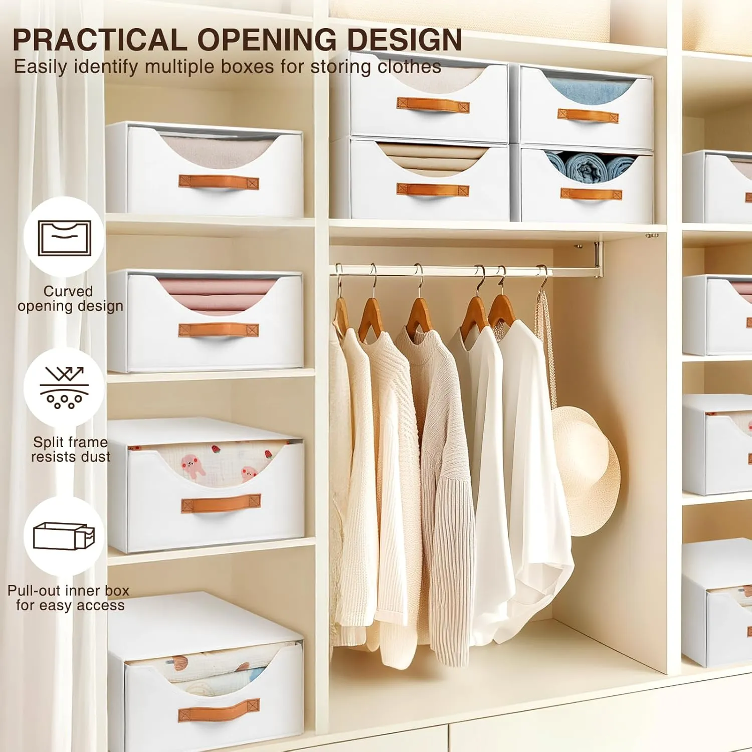 Closet Organizers and Storage - Large Stackable Storage Bins with Drawer, Fabric Bins for Organization, Collapsible Storage Drawers Organizer for Bedroom, Living Room, 4 Pack, White