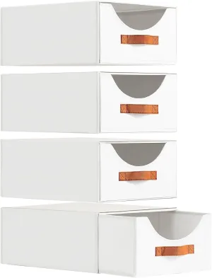 Closet Organizers and Storage - Large Stackable Storage Bins with Drawer, Fabric Bins for Organization, Collapsible Storage Drawers Organizer for Bedroom, Living Room, 4 Pack, White