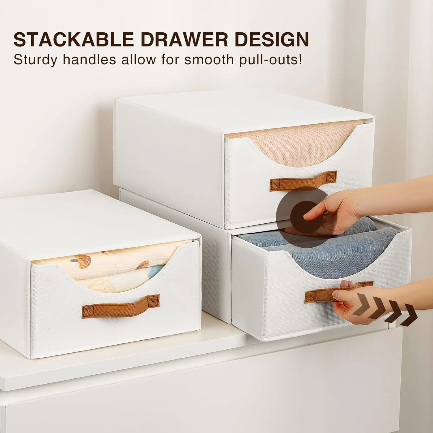 Closet Organizers and Storage - Large Stackable Storage Bins with Drawer, Fabric Bins for Organization, Collapsible Storage Drawers Organizer for Bedroom, Living Room, 4 Pack, White