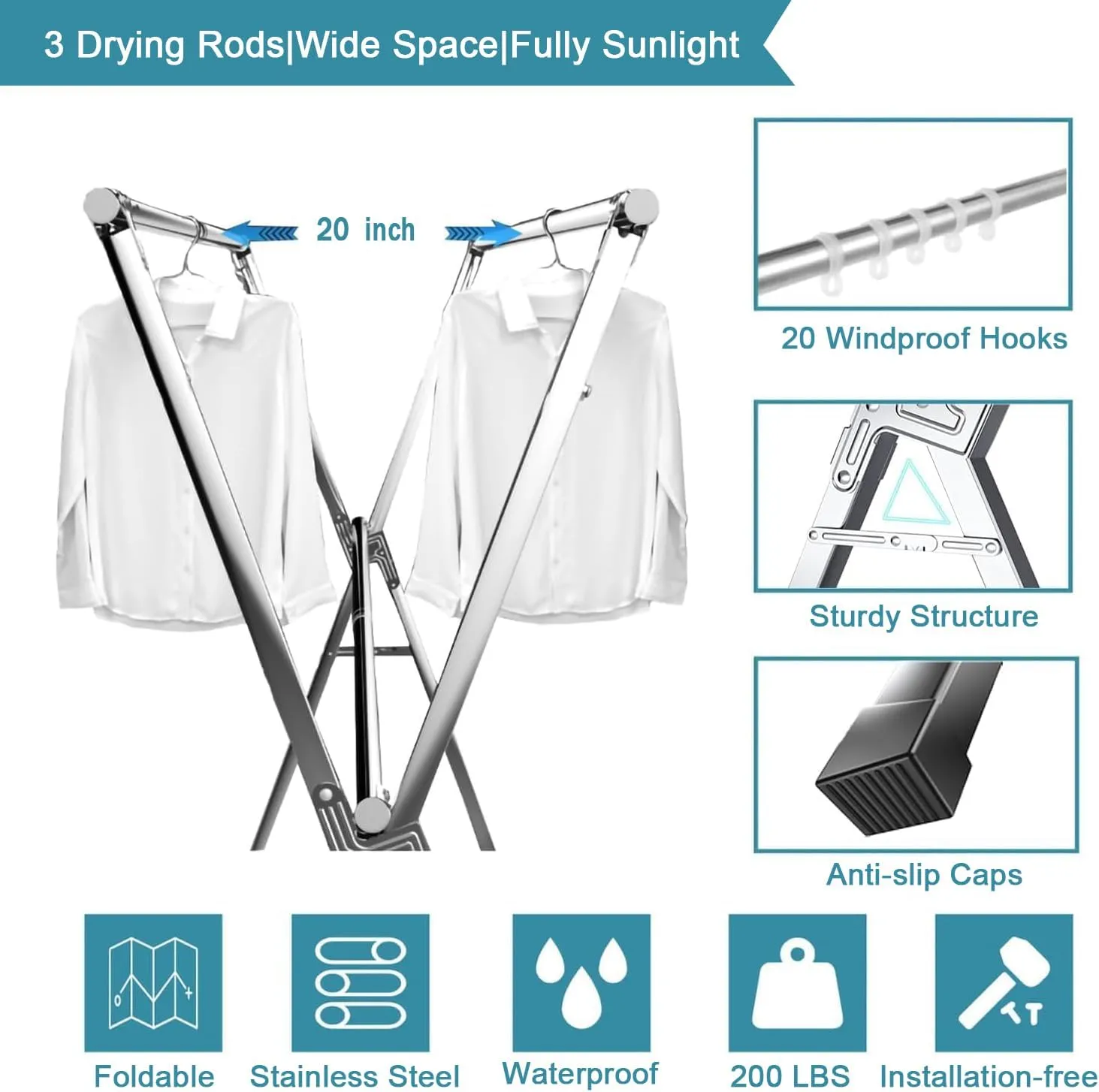 Clothes Drying Racks, Heavy Duty Stainless Steel Clothes Standing Drying Pole with 20 Windproof Hooks for The Balcony Indoor or Outdoor, Length Adjustable and Foldable (94 inch)