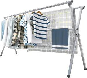 Clothes Drying Racks, Heavy Duty Stainless Steel Clothes Standing Drying Pole with 20 Windproof Hooks for The Balcony Indoor or Outdoor, Length Adjustable and Foldable (94 inch)