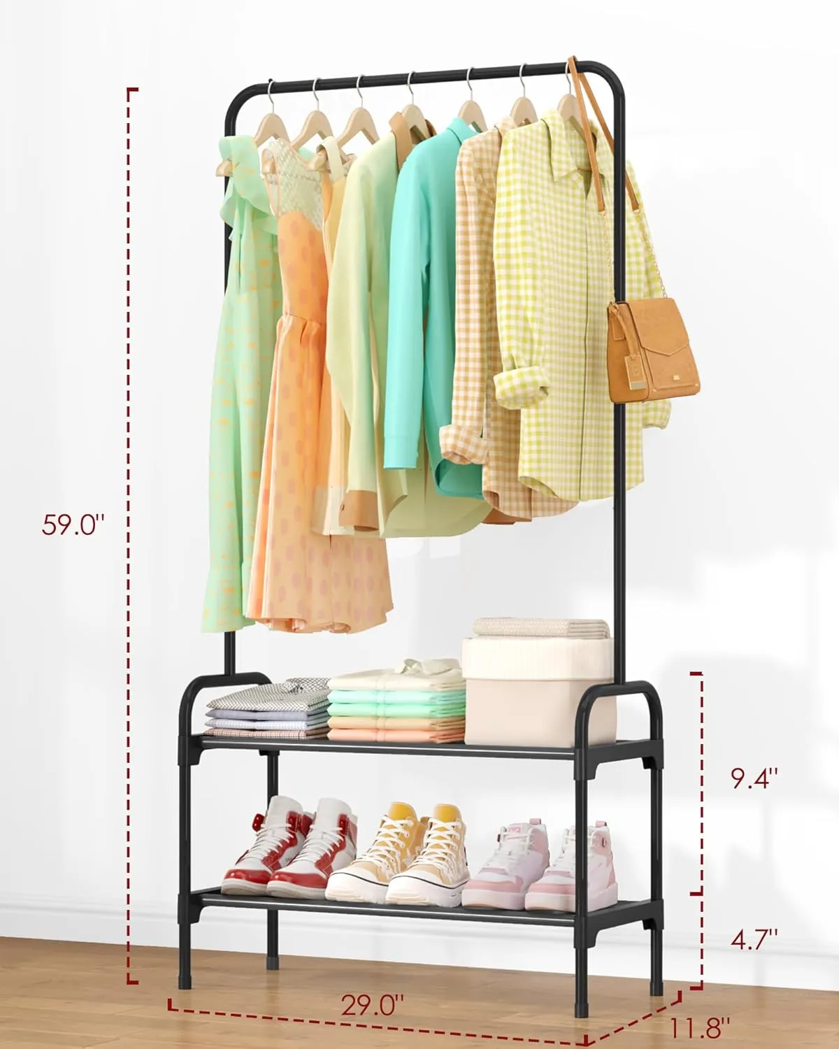 Clothes Rack - Multi-Functional Clothing and Shoe Rack with Anti-Slip Stopper, Large-Capacity 2-Tier Shoe Organizer for Bedroom, Entryway, and Laundry Room, 29" x 11.8" x 59", Black