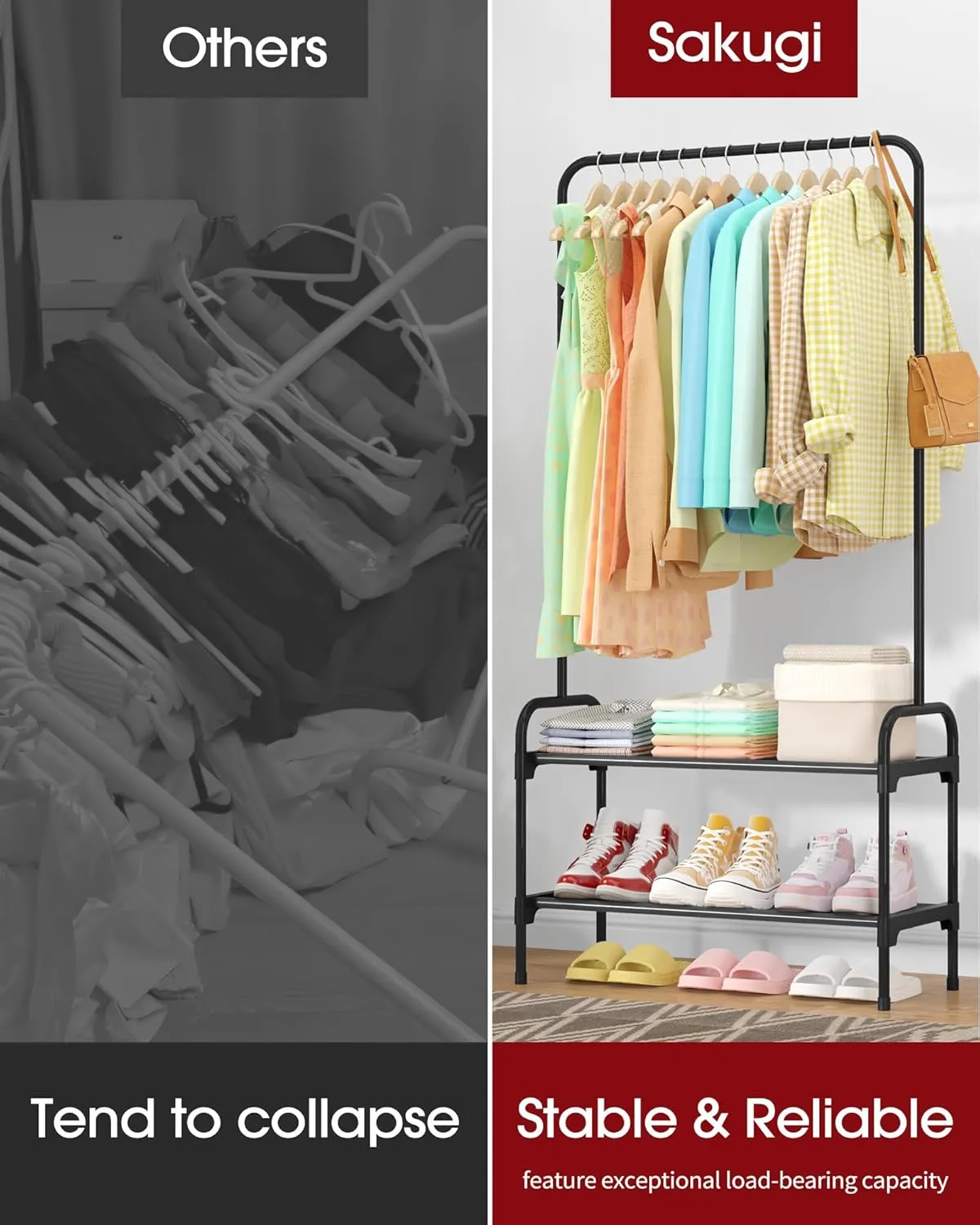 Clothes Rack - Multi-Functional Clothing and Shoe Rack with Anti-Slip Stopper, Large-Capacity 2-Tier Shoe Organizer for Bedroom, Entryway, and Laundry Room, 29" x 11.8" x 59", Black