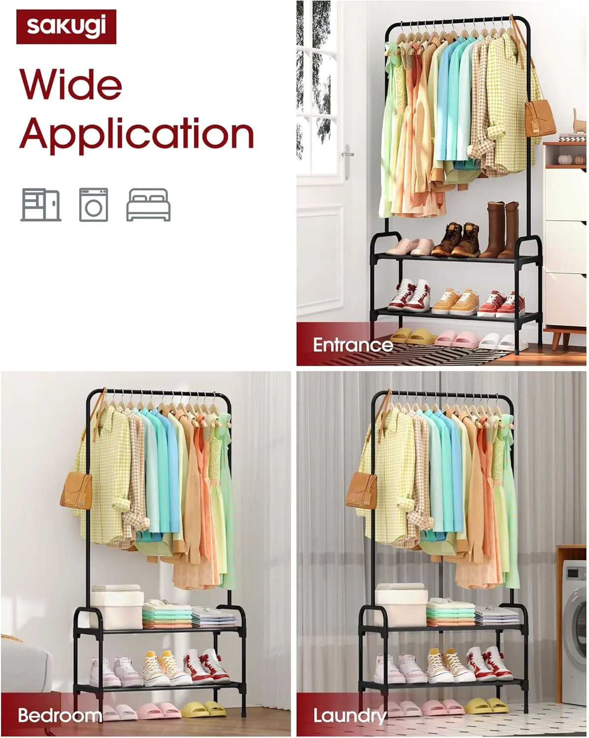 Clothes Rack - Multi-Functional Clothing and Shoe Rack with Anti-Slip Stopper, Large-Capacity 2-Tier Shoe Organizer for Bedroom, Entryway, and Laundry Room, 29" x 11.8" x 59", Black