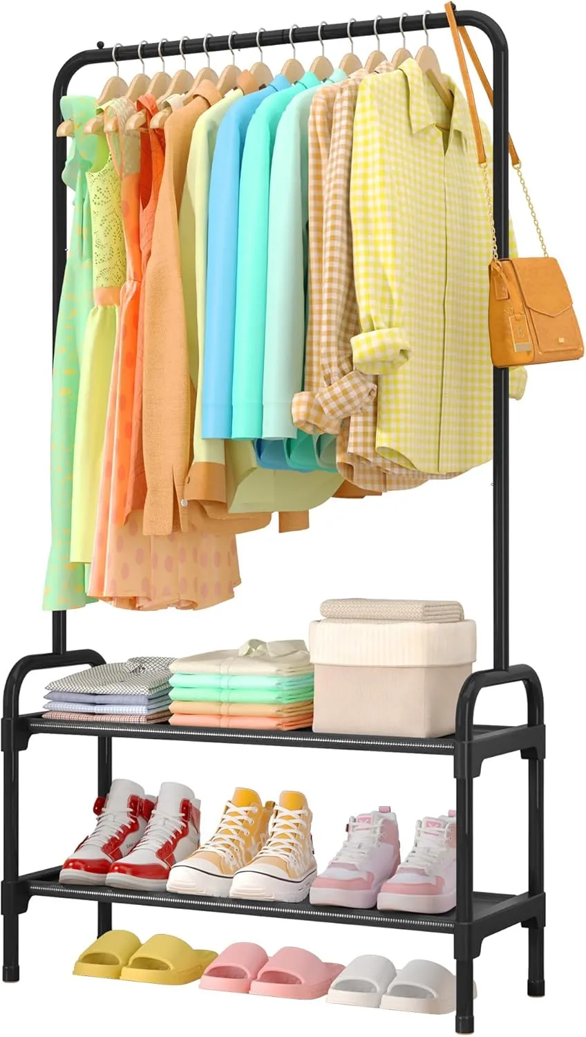 Clothes Rack - Multi-Functional Clothing and Shoe Rack with Anti-Slip Stopper, Large-Capacity 2-Tier Shoe Organizer for Bedroom, Entryway, and Laundry Room, 29" x 11.8" x 59", Black