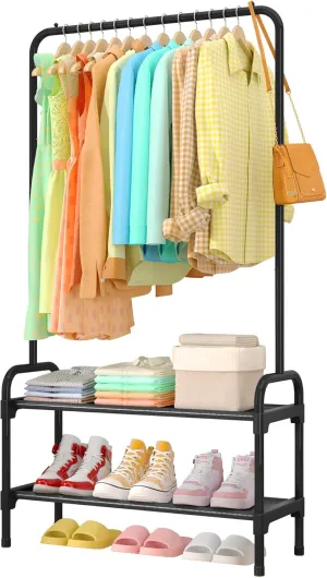 Clothes Rack - Multi-Functional Clothing and Shoe Rack with Anti-Slip Stopper, Large-Capacity 2-Tier Shoe Organizer for Bedroom, Entryway, and Laundry Room, 29" x 11.8" x 59", Black