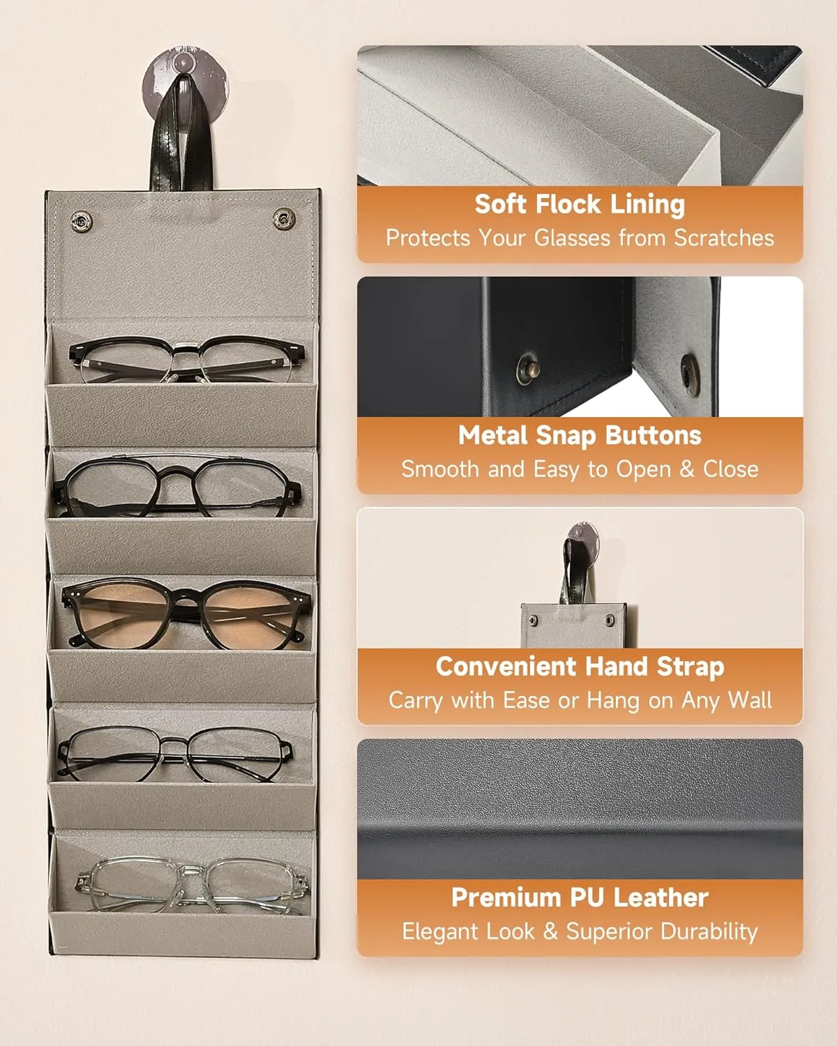 CO-Z Travel Sunglasses Organizer, Foldable Travel Sunglass Case with 5 Slots for Multiple Pairs, Portable Eyeglasses Holder