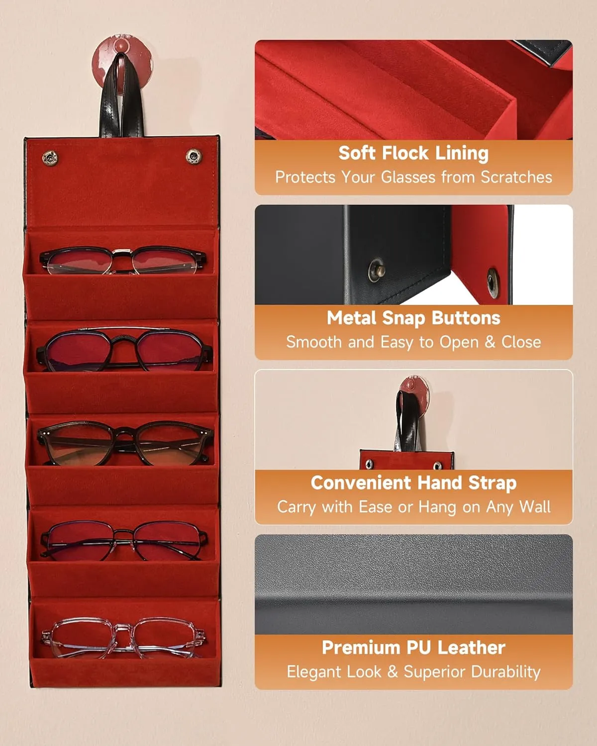 CO-Z Travel Sunglasses Organizer, Foldable Travel Sunglass Case with 5 Slots for Multiple Pairs, Portable Eyeglasses Holder