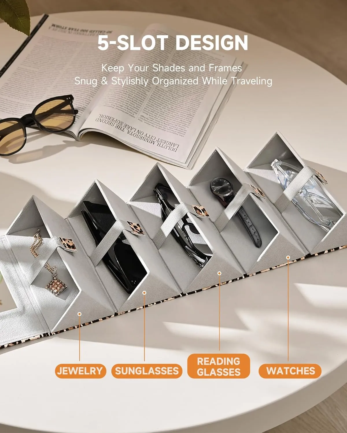 CO-Z Travel Sunglasses Organizer, Foldable Travel Sunglass Case with 5 Slots for Multiple Pairs, Portable Eyeglasses Holder