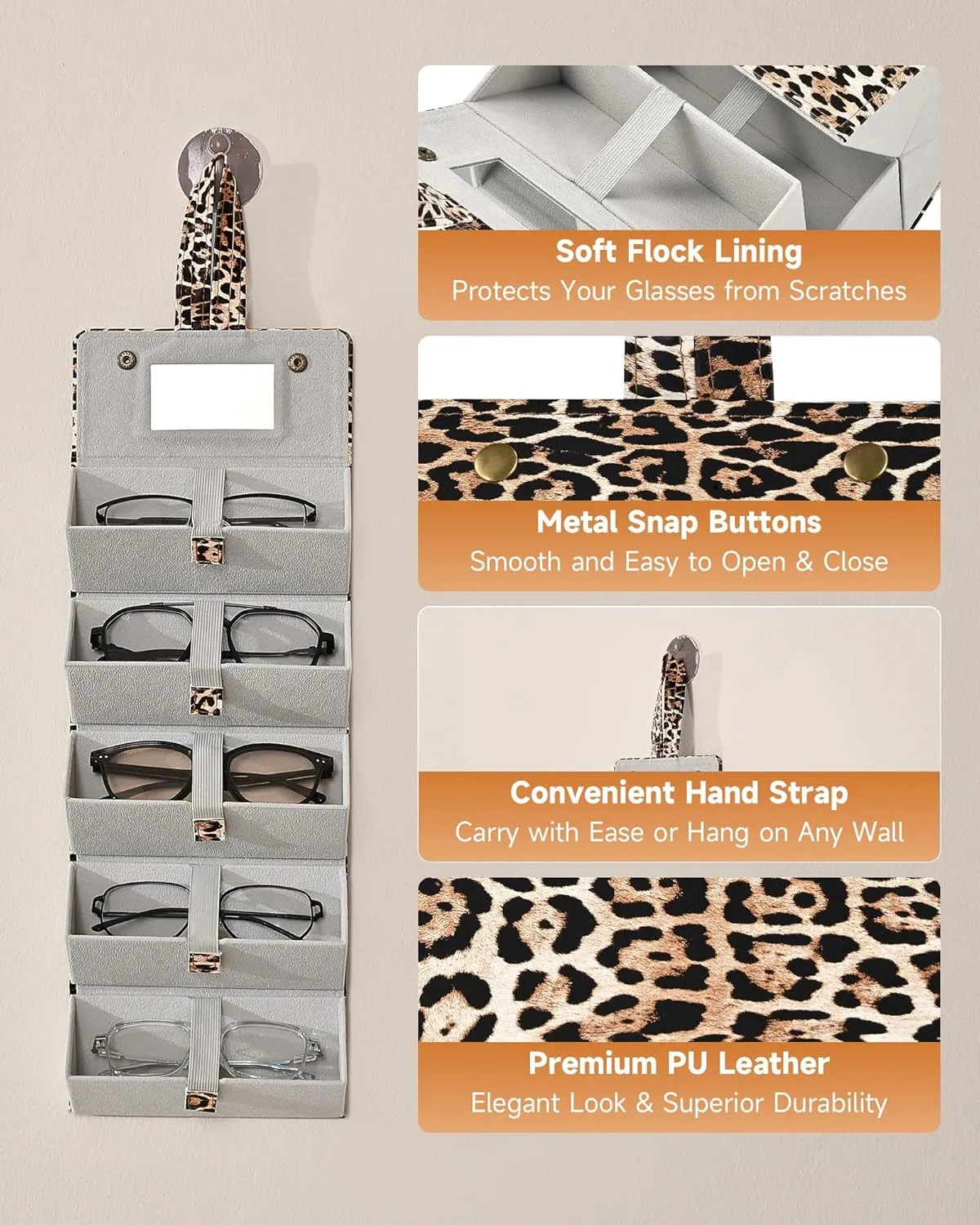 CO-Z Travel Sunglasses Organizer, Foldable Travel Sunglass Case with 5 Slots for Multiple Pairs, Portable Eyeglasses Holder