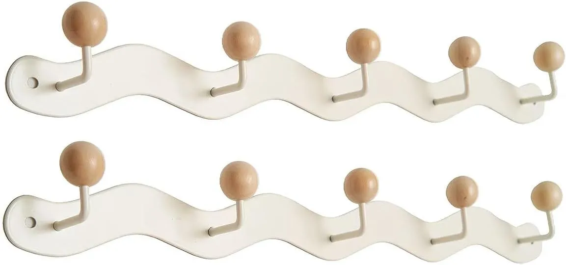 Coat Rack Wall Mount,White Wall Hooks Adhesive & Screw in,Anti-Tear Wooden Ball Hook Rail, Heavy Duty Metal Coat Hanger Wall Mount for Entryway, Bathroom, Bedroom, Kitchen2PACK (5-tri Hooks)