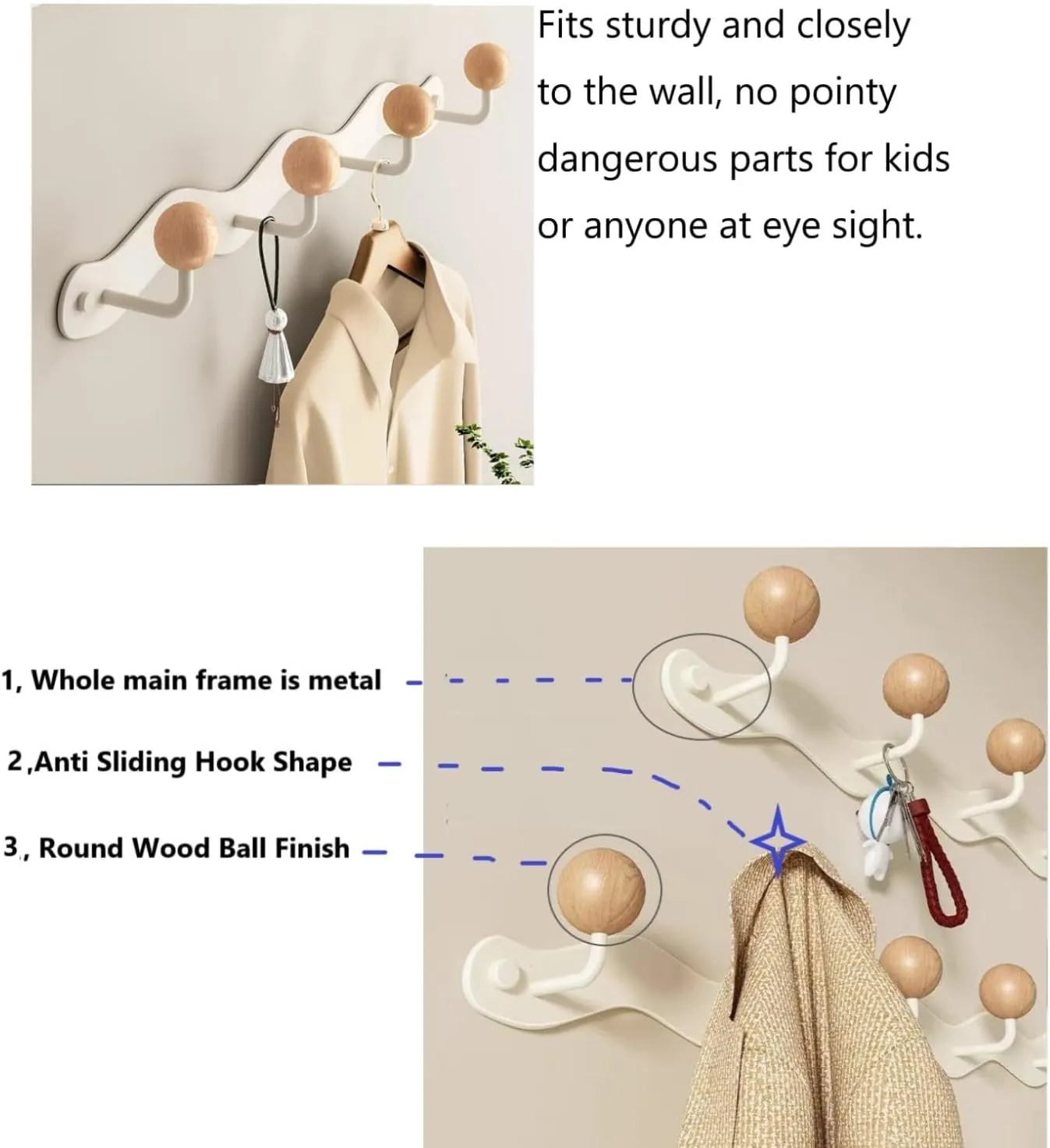 Coat Rack Wall Mount,White Wall Hooks Adhesive & Screw in,Anti-Tear Wooden Ball Hook Rail, Heavy Duty Metal Coat Hanger Wall Mount for Entryway, Bathroom, Bedroom, Kitchen2PACK (5-tri Hooks)